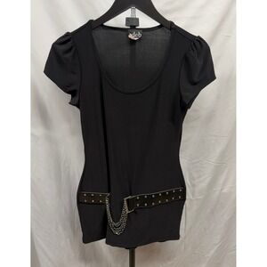 Deb Vintage 90's Y2K Black Short Sleeve Scoop Neck Studded Belt Chain Mini Tunic